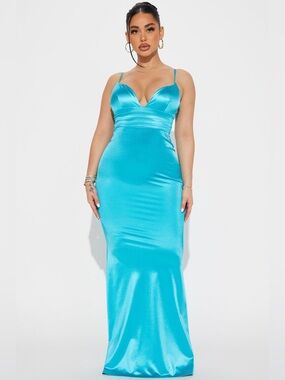 Satin Spaghetti-Strap Maxi Dress in Aqua Blue
